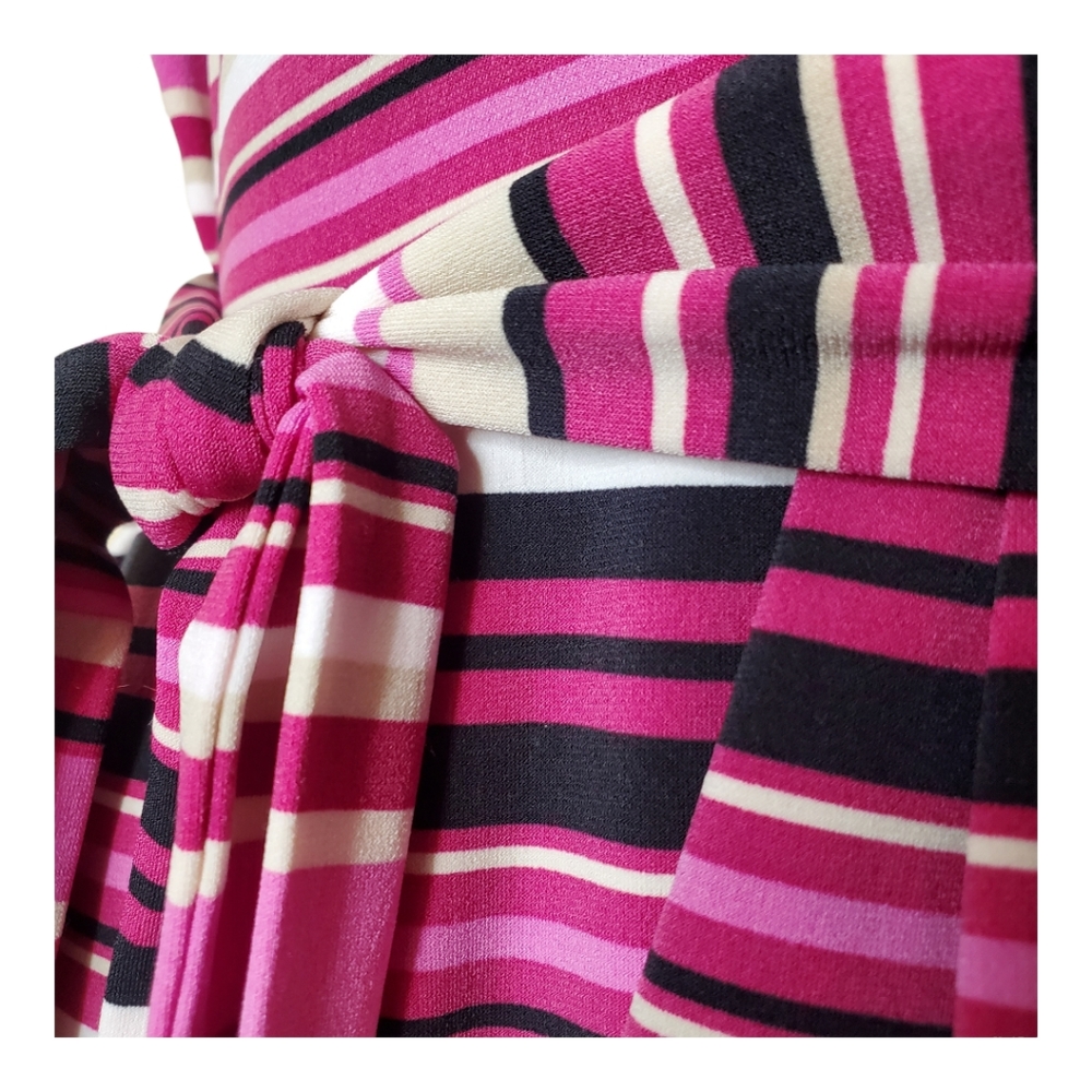 Liz Claiborne Striped Wrap Dress Large L Polyester Spandex Tie Waist Work - Picture 3 of 9